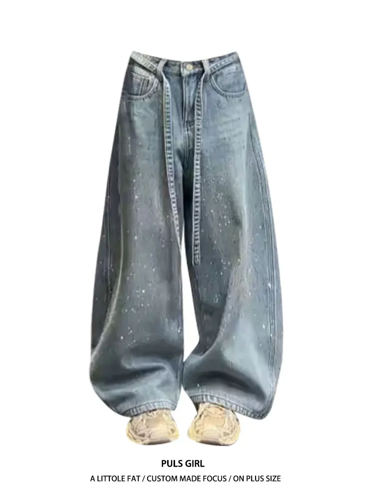 

High Waist Draped Wide Leg Denim Jeans Women's Retro Washed American Style Rhinestone Embellished Casual Trousers