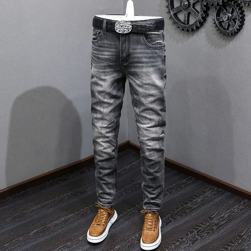 Fashion Designer Men Jeans Black Gray High Quality Retro Trousers Stretch Slim Fit Ripped Jeans Men Vintage Denim Pants Hombre