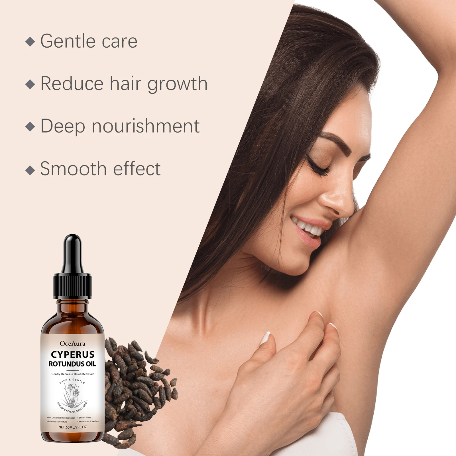 Pure Cyperus Rotundus Oil for Hair Removal Essence Reduce Armpit Arms Body Hair Inhibitor Shrink Pores Smooth Skin Care Serum