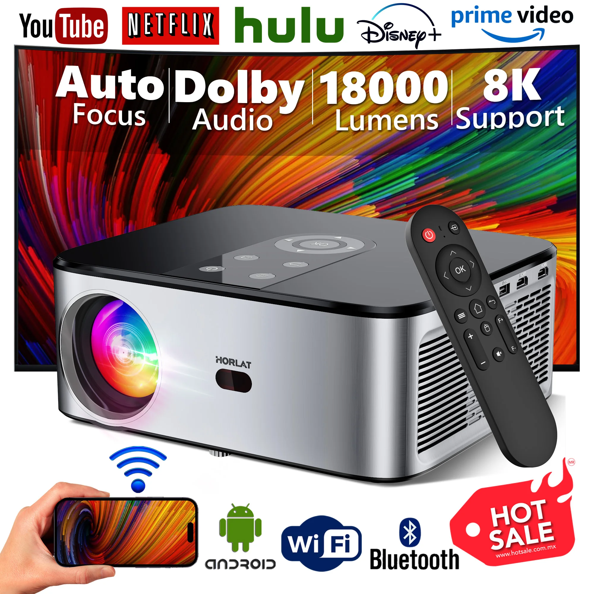 

HORLAT T03 Android 4K Projector Full HD 1080P 8K Video Dolby Audio Home Theater Auto Focus Keystone 5G WiFi Portable Proyector