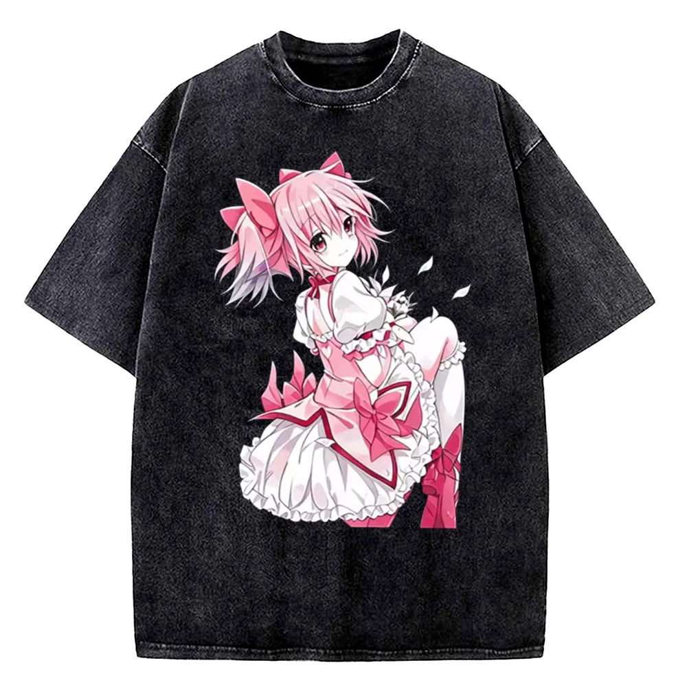 Madoka Magica Vintage Washed cotton t shirt men Comfortable University streetwear Graphic t-shirt women aesthetic Pastel Punk