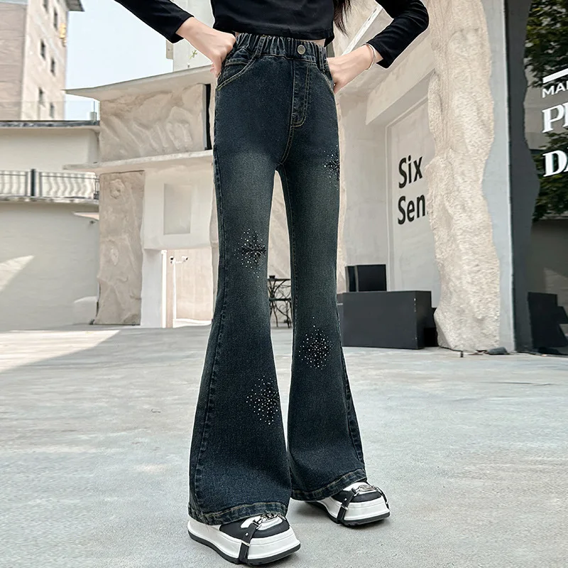 Girls Trousers Bell-bottoms Spring and Autumn Children 2024 New Style Jeans Girls Fashion Micro Cropped Pants Simple Casual