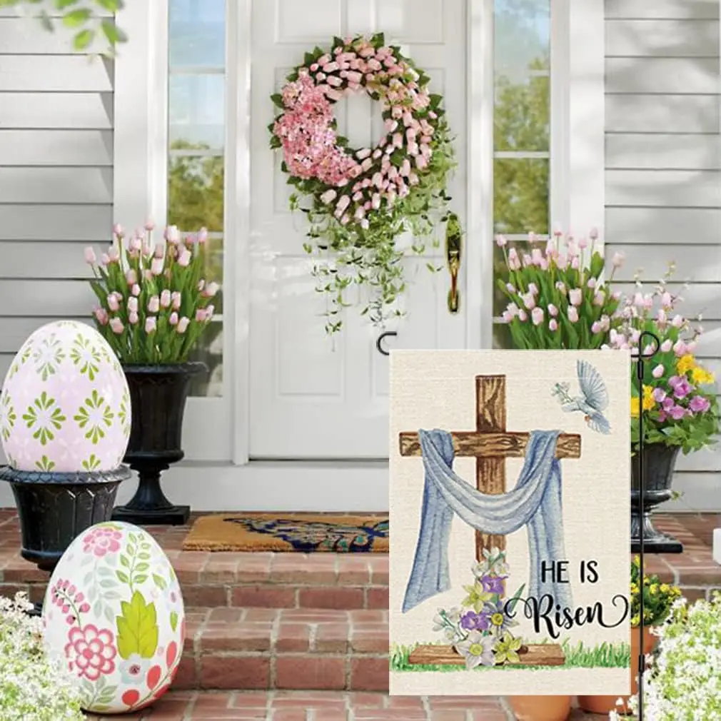 PANDICORN Easter He is Risen Garden Flag 12x18 Inch Double Sided, Spring Cross Flower Farmhouse Decorations Burlap Small Ver EEZ