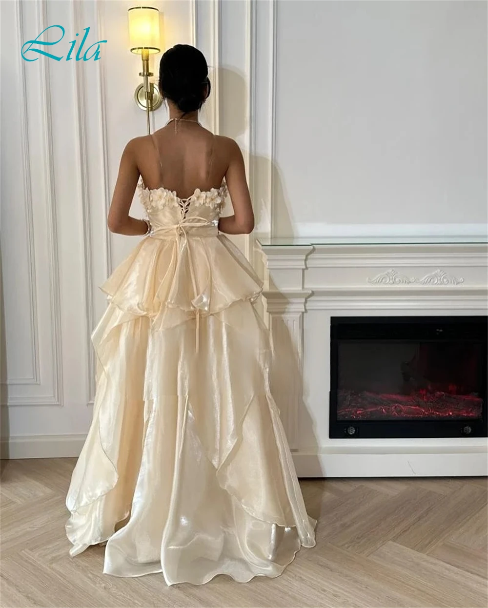 

Customized Elegant Yellow Organza Evening Dress Formal Strapless Sleeveless Celebrity Gowns Sexy Lace Up Back Flowers Prom Dress