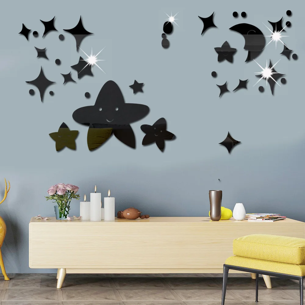 Creatieve Ster Maan Woonkamer Slaapkamer Backgroun Dmirror Muurstickers Acryl Spiegel Diy Decoratieve Stickers Kamer Decoratie