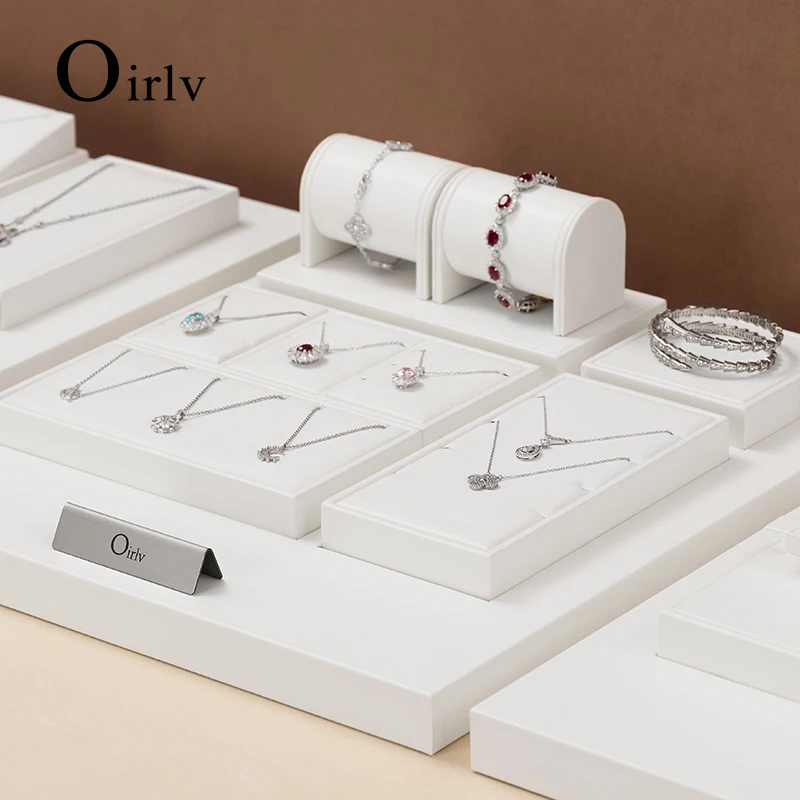 Oirlv Luxury White Leather Jewelry Display Organizer Props Ring Pendant Necklace Holder Jewelry Rack Display Stand Set Showcase