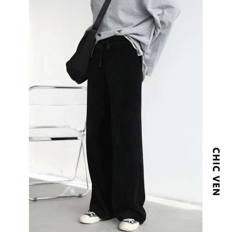 CHIC VEN Women\'s Pants Loose Thick Warm Elastic Waist Hanging Feeling Wide Leg Trousers Female Ladies Sports Autumn Winter 2022