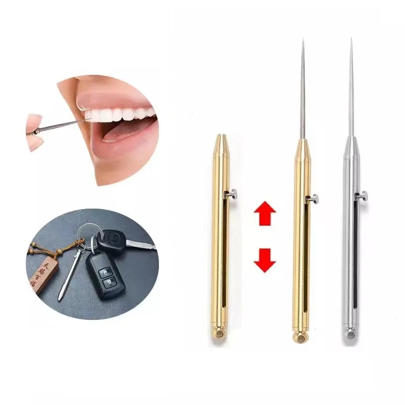Outdoor Camping Titanium Alloy Retractable Toothpick with Storage Pouch,Personal Teeth Cleaning Tool Keychain Pendant,Ideal Gift