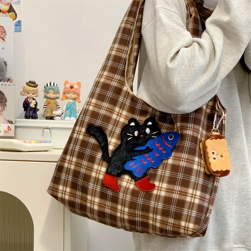 

Women's Bag Cute Cartoon Embroidered Tote Bag Large Capacity Korean Version Checkered Student Single Shoulder Bag Casual Wear