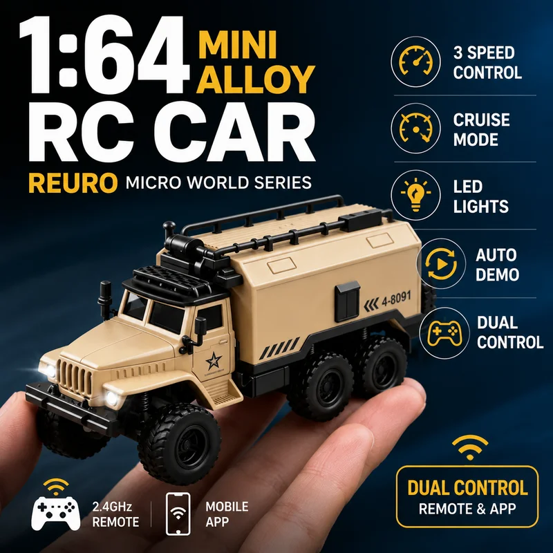 

REURO 1:64 Mini Alloy Rc Ural Military Truck Remote Control Model With Led Light 3 Speed Adjustment Constant Speed Cruise