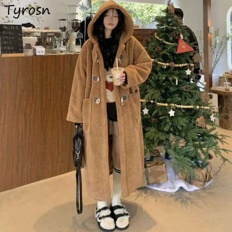 

Hooded Blends Women Lambswool Plus Velvet Warm Korean Fashion Big Pockets Streetwear Harajuku Coats Thicker Outwear Baggy Newly