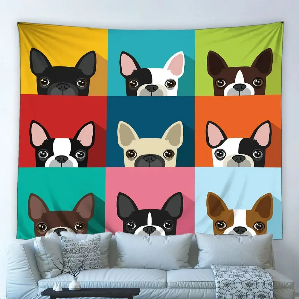 Tapiz de dibujos animados divertido Bulldog perro animales Hippie pared colgante fondo tela niño dormitorio decoración del hogar manta mantel grande