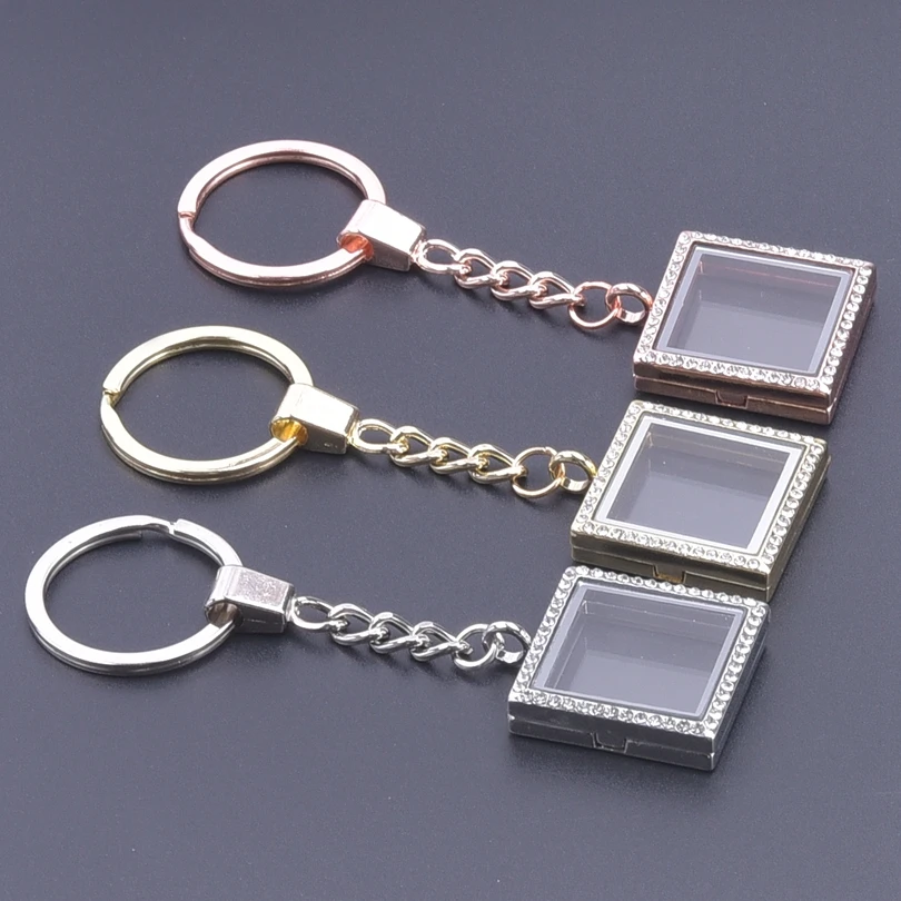 5PCS Square Shape Locket With Rhinestone Keychain Glass Floating Charm Jewelry Making Medallion Photo Keychain for Women Gifts