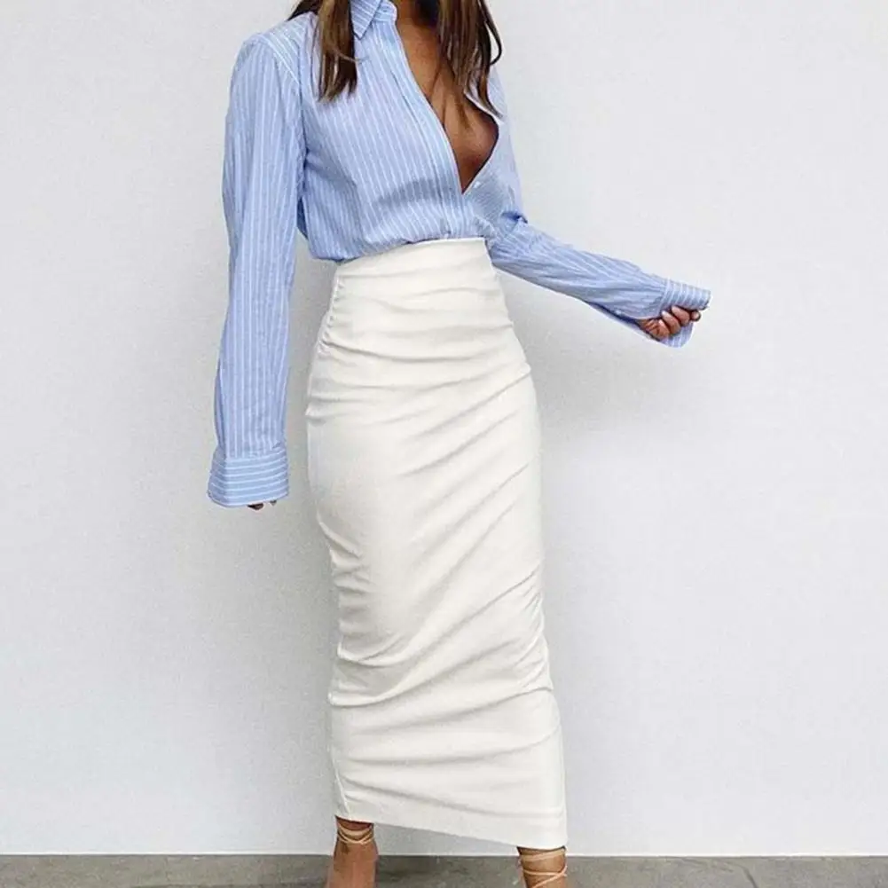 

Women PU Leather Midi Skirts Fashion High Waist Long Jupes Holiday Sold Pleated Silm Faldas Vintage Slit Hem Skirts Femme