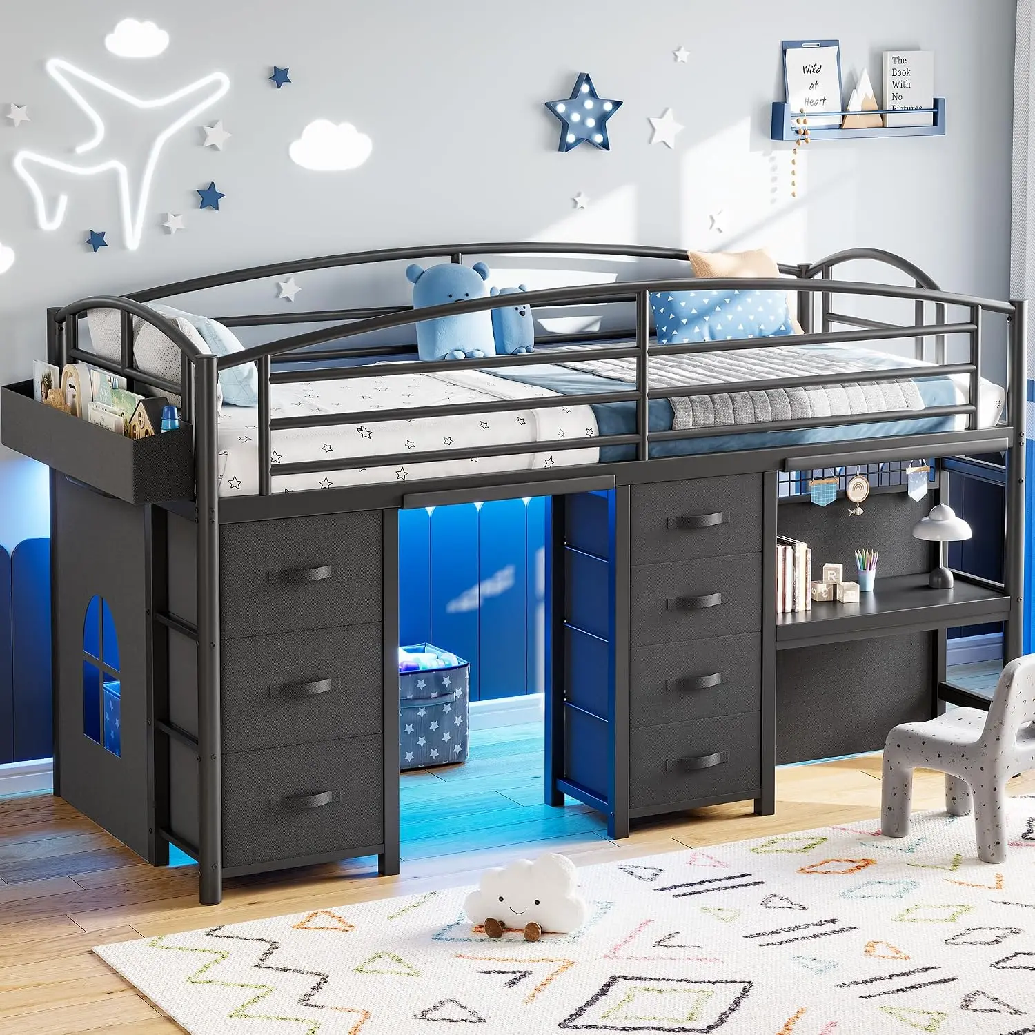 Twin Low Loft Bed 7 Storage Drawers Desk LED Lights Heavy Metal Kids Safety Guardrail Anti Collision Pad Play Curtain Under Bed