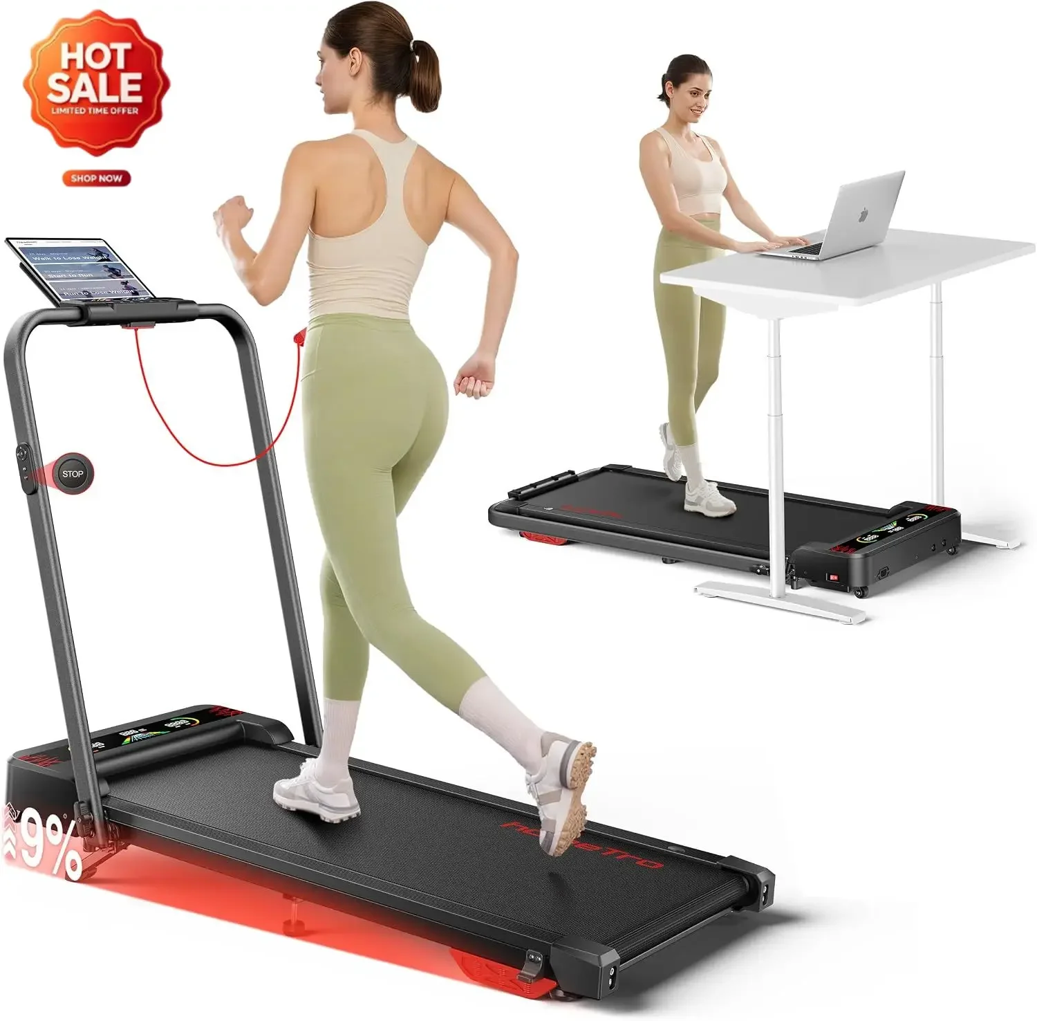 Walking Pad Treadmill with 9% Incline & Dual LED Display, 4 in 1 Foldable Treadmill with Handle Bar for Home/Office, 3.5HP