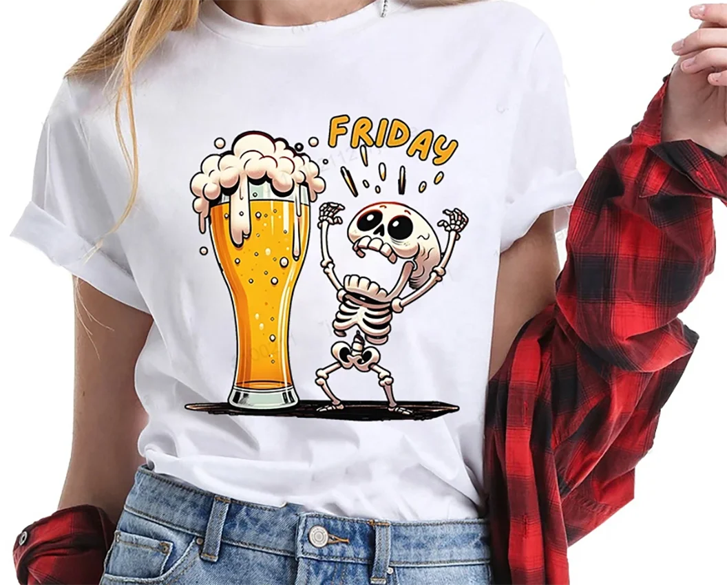 المرأة تي شيرت الاثنين إلى الجمعة شرب البيرة مضحك الرياضة موضة تي شيرت غير رسمي الهيكل العظمي الجمعة البيرة الجرافيك بلايز ملابس حريمي #1