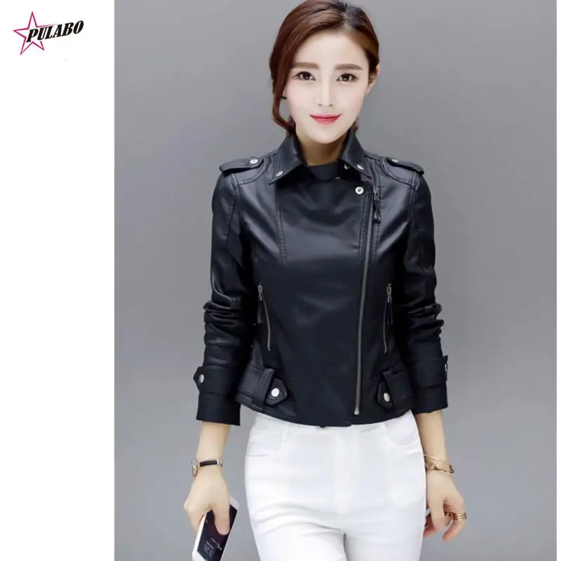 PULABO y2k Fashion Women Autumn Winter Black Faux Leather Jackets Zipper Basic Coat Turn-down Collar Biker Jacket with Blet 3xl