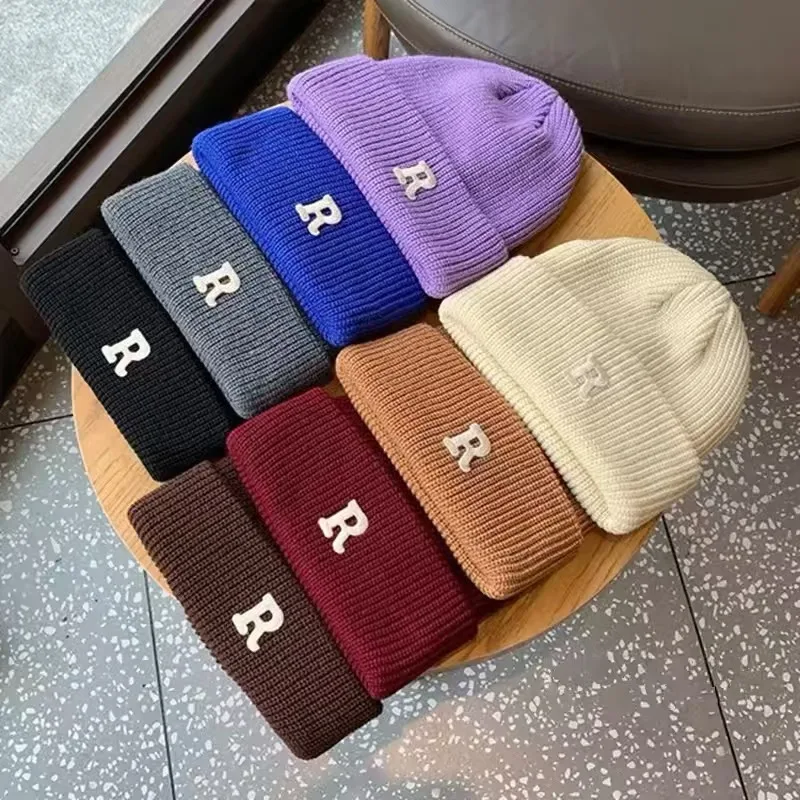 Soft Warm Beanie Hat Wool Knitted Hats For Women Letter R Embroidery Girls Winter Cap Sports Ski Bonnet Hip Hop Skullcap Beanies