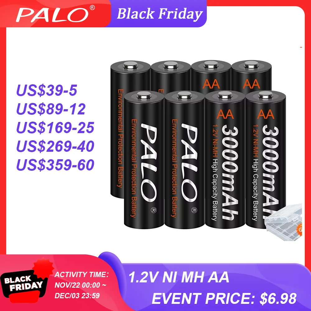 PALO 4-16PCS AA 1.2V NIMH AA Rechargeable Battery 3000mAh Low Self Discharge AA NI-MH Batteries for Camera Toy Car+Battery Case