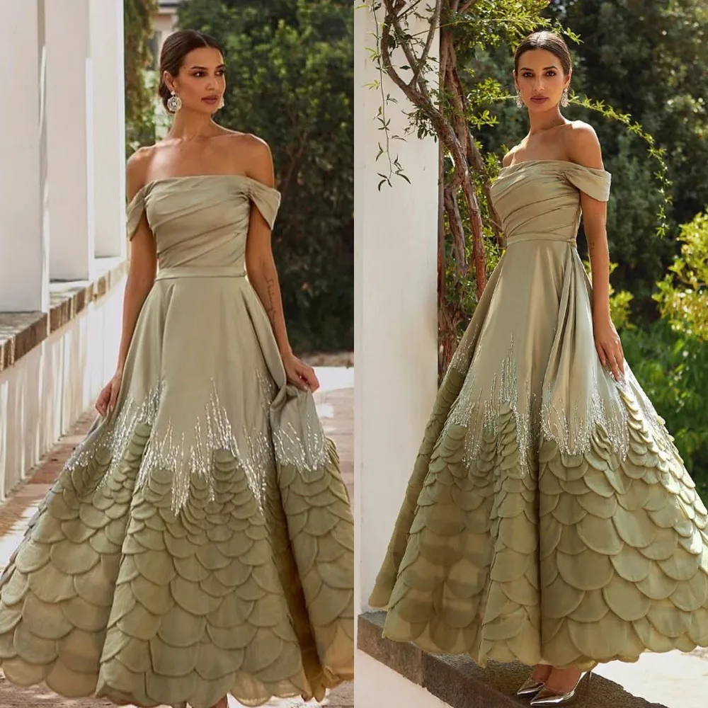 

Customized High Quality Ankle Length Wrinkle Off Shoulder Beaded Zipper A-line Women Grace Prom Dress Formal Dress Women Elegant