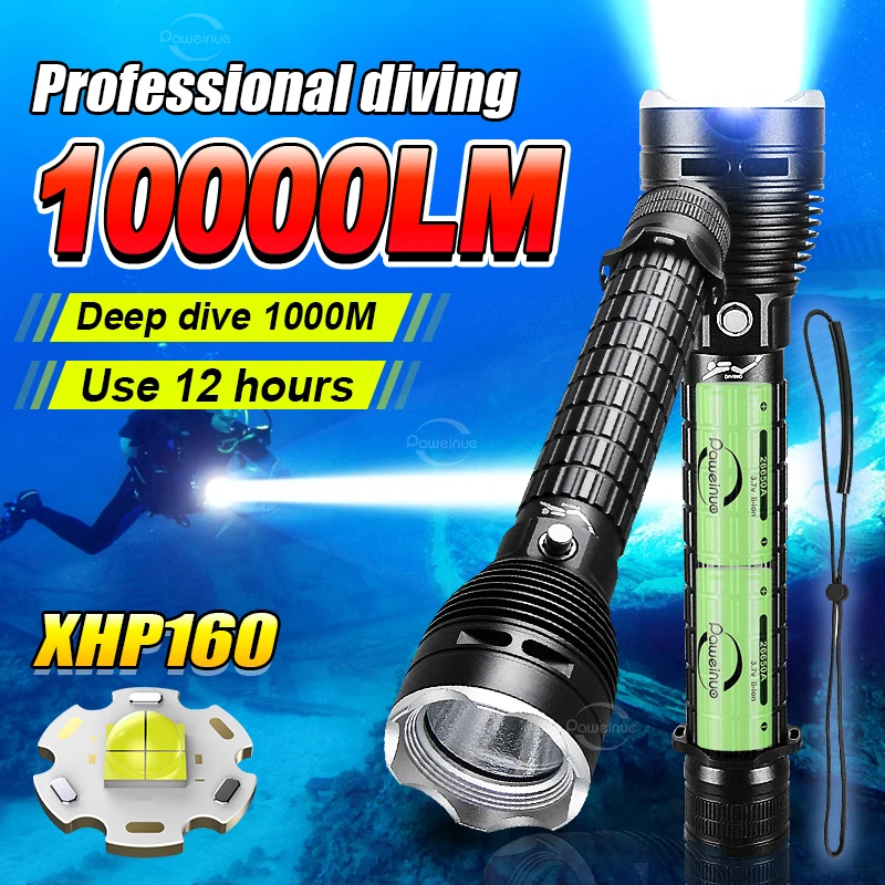 10000LM Professional XHP160 Diving Flashlight IPX8 Waterproof Dive Light LED Flashlights Powerful Scuba Diving Torch Lantern