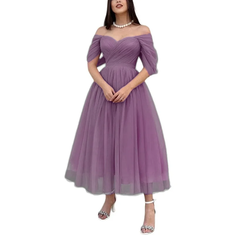Tulle Sweetheart A-line Evening Dresses Off the Shoulder Tea-Length Formal  Dress With Pleats & Bow Elegant Lace Up Prom Gowns - AliExpress 320