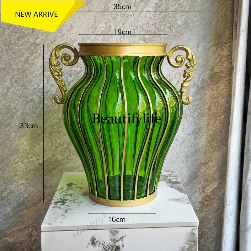 MM182 Glass vase ornament living room large flower arrangement European retro green hydroponic flower porch