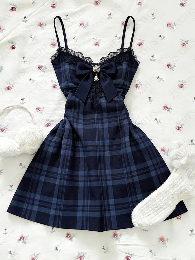 

Синее клетчатое платье с бантом и кружевом, винтажное, в стиле субкультуры, уличная мода, кавайное, сексуальное, на бретельках, эстетичное, милое, короткое платье в стиле Y2K