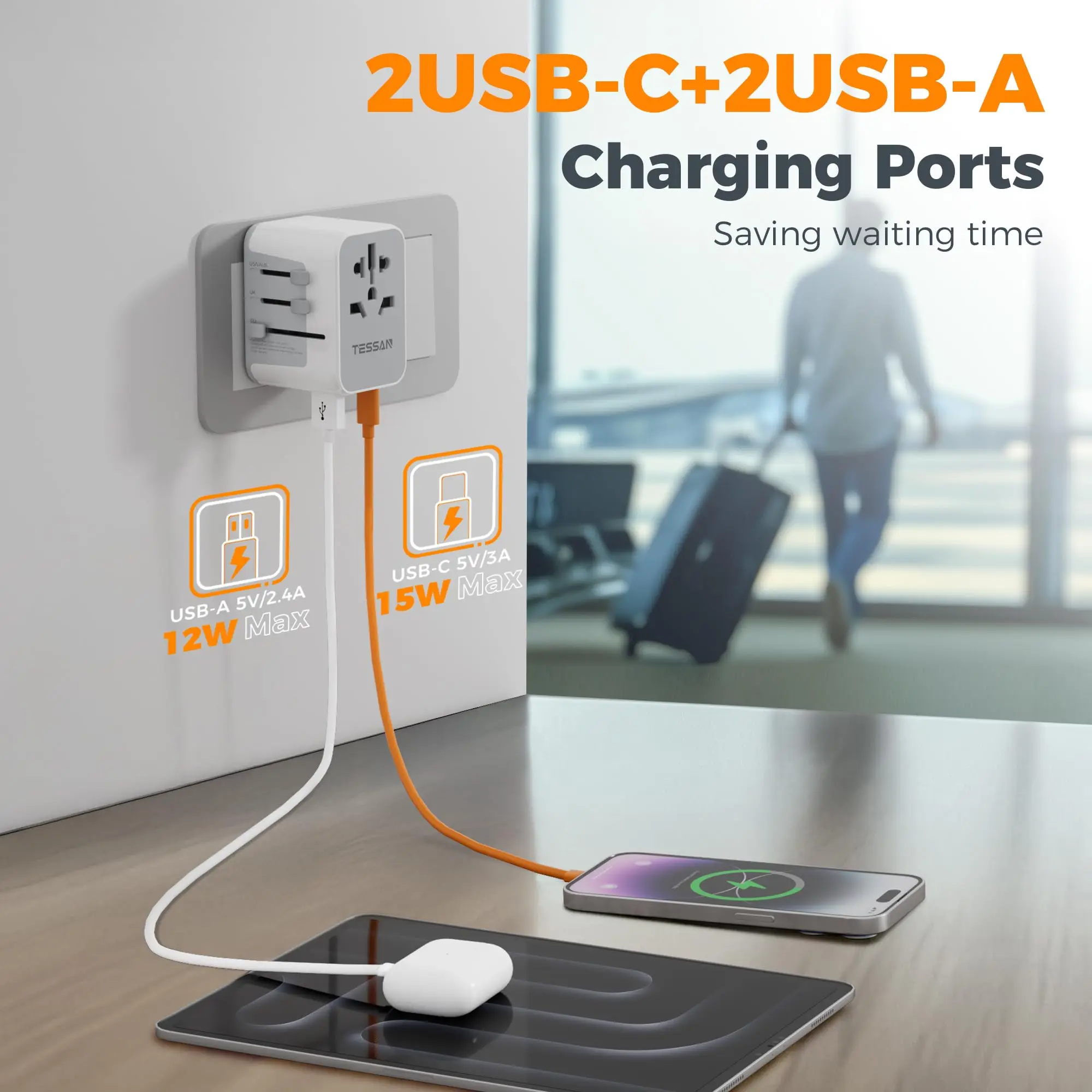 TESSAN 17W 21W 28W 다중 USB 포트가 있는 범용 여행용 플러그 어댑터 고속 충전 전원 어댑터 EU/UK/USA/AUS 플러그 어댑터