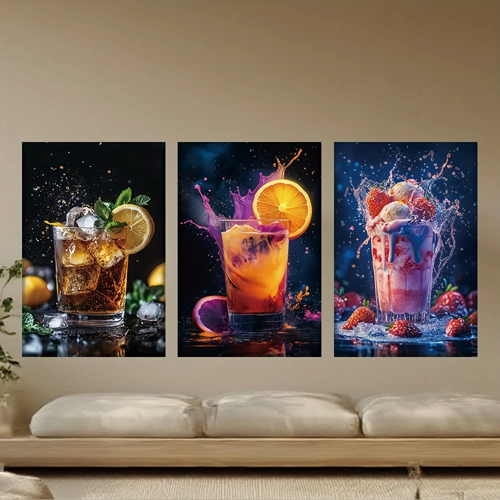 3pcs/Set, Canvas Painting--Unframed, Specialty Drinks, Ice Cream, Fruit, Posters And Prints, Bar, Office, Perfect Birthday, L