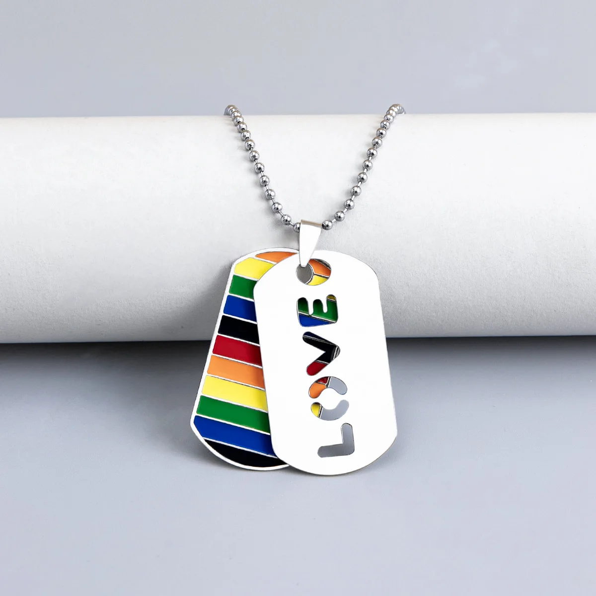 Stainless Steel LGBT Gay Lesbian Love Pride Necklaces Enamel Rainbow Flag Double Pendant Necklace