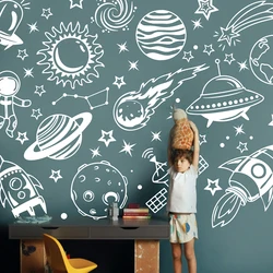 Cartoon Space Universe Astronomy Wall Sticker Decal Boy Kids Playroom Star Sky Rocket Planet Bedroom Teen Room