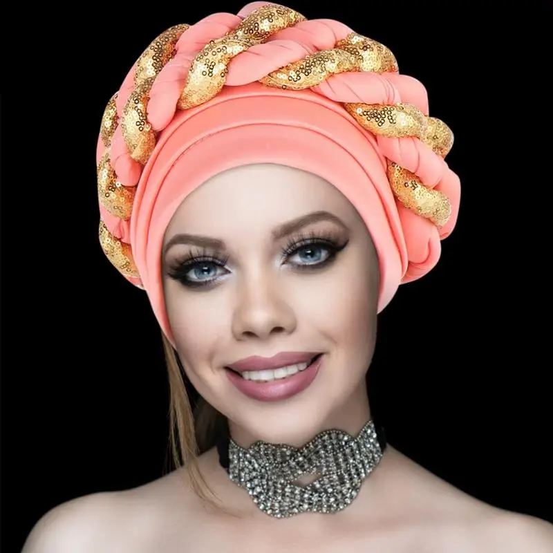 Arab Wrap Muslim Scarf Hijabs African Hats Headtie Sequin Braid Hat Women Pleated Beanie Headwrap Hair Cover Party Turban New