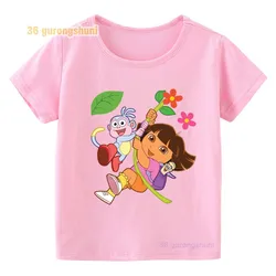 Funny Cartoon Dora T Shirt For Girls Pink Tops Graphic Tee Children clothing Kids Clothes Girl 8 To 12 Summer baby Short Sleeve