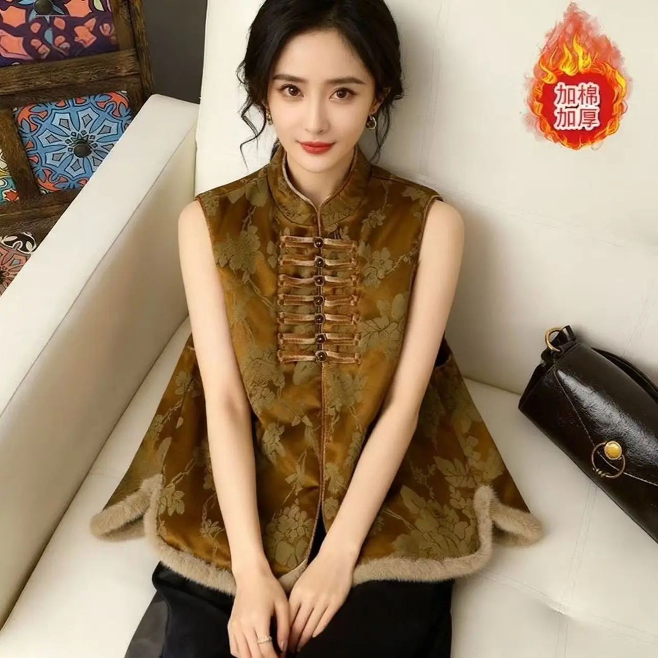 

2025 Fall Winter Women Vintage Dobby Floral Fur Patchwork Imitation Silk Vest Coat Woman Autumn Thick Warm Jacquard Vests Coats