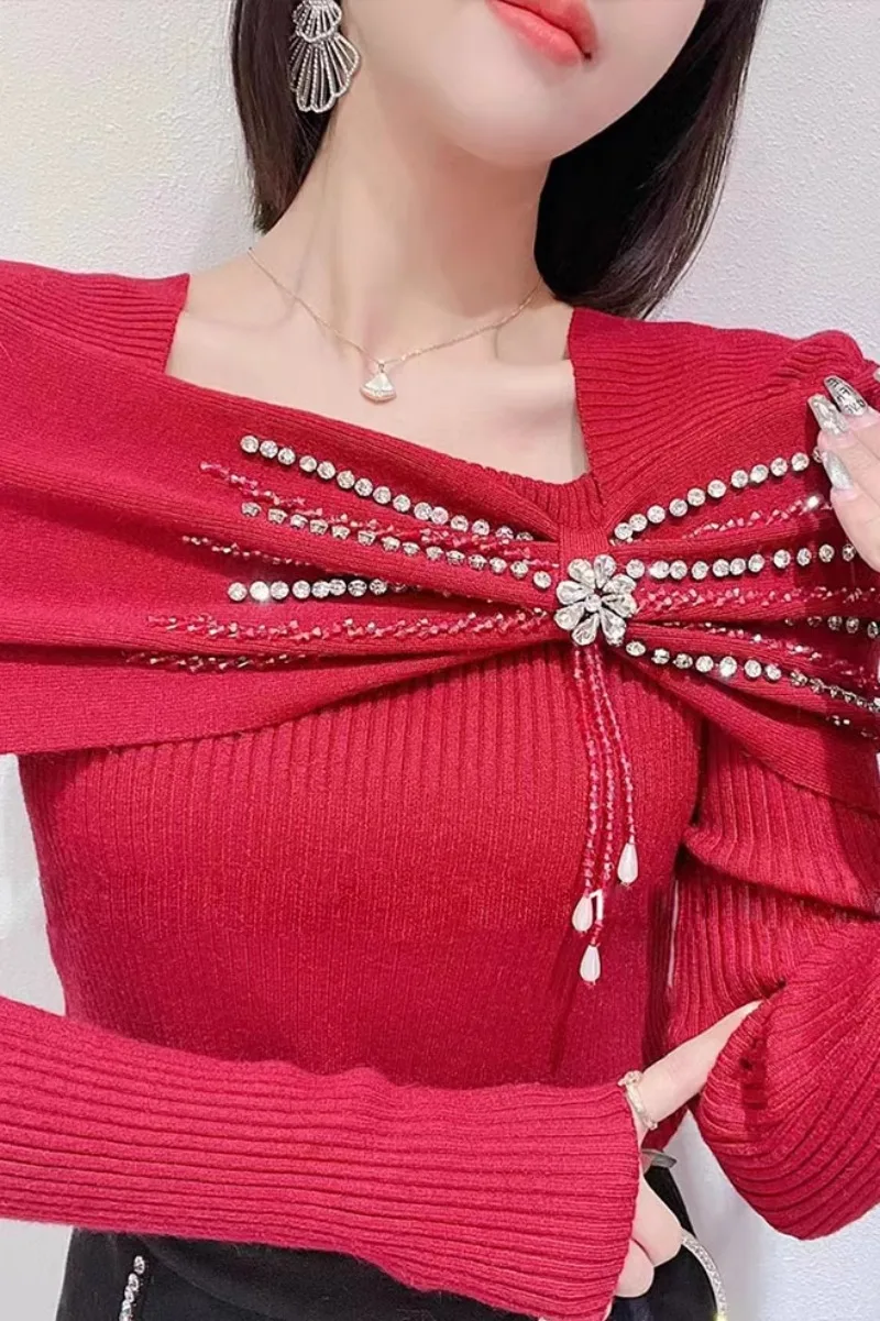 Suéter feminino que combina tudo, estilo coreano, pérolas doces, indústria pesada, laço de strass, emagrecedor, top Y2K, malha, novo, outono e inverno