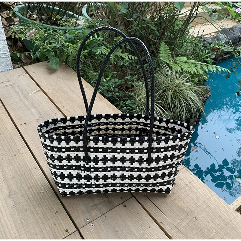 Handgefertigte Colorblock-Webtasche, Damen-Sommer-Tragetasche, Sommer-Einkaufstasche für Strandurlaub, Picknick, Haustiertransport – Detail 20