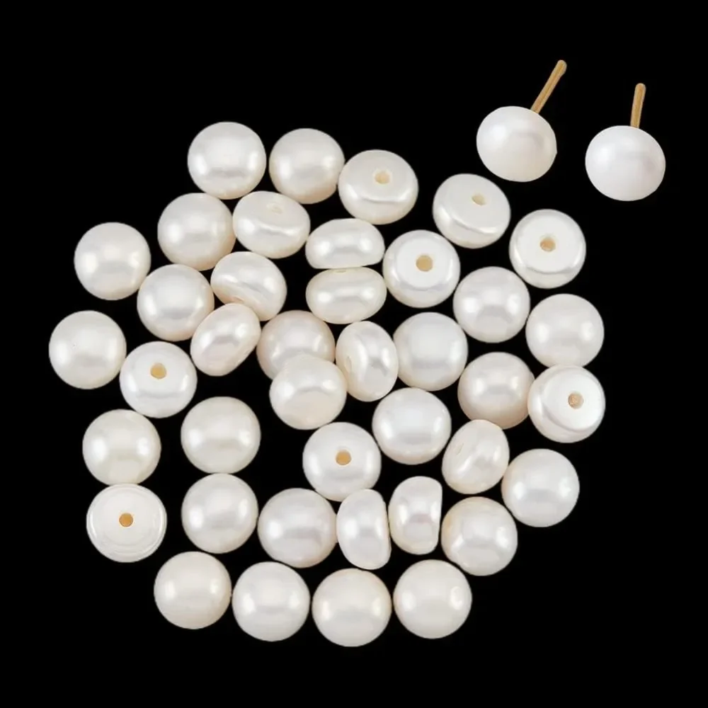 40 Pcs Half Drilled Hole Freshwater Pearl Beads, About 5~6mm Half Round White Natural Freshwater Pearls Loose Button Cultured