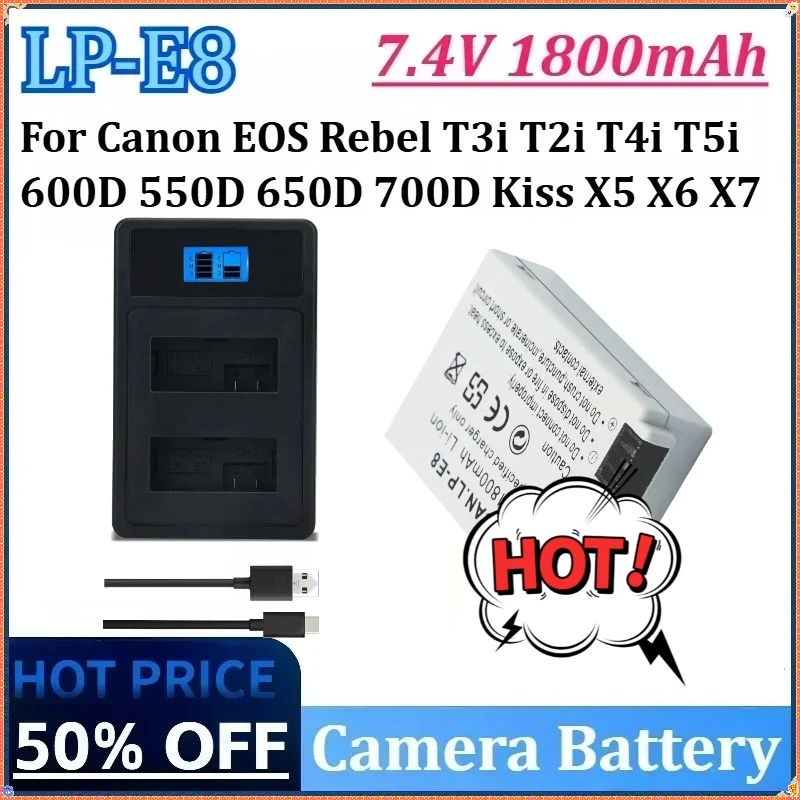 

For Canon EOS Rebel T3i T2i T4i T5i 600D 550D 650D 700D Kiss X5 X6 X7 New LP-E8 7.4V 1800mAh Lithium Rechargeable Camera Battery