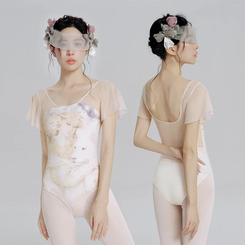 

Женские балетные трико с мифическим принтом, нейлоновые рюши с короткими рукавами, танцевальный купальник для взрослых, сетчатое сказочное балетное боди