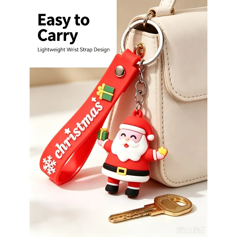 Santa Claus Keychain Soft PVC Xmas Key Ring Pendant with Wrist Strap Bag Charm Christmas Holiday Ornament Gift for Kids Women