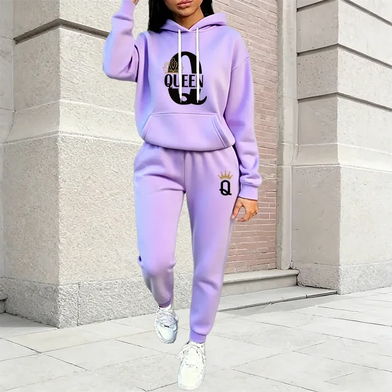 Queen Printing Women's Outfits Casual Hooded Sweatshirts 2 Pcs Suit Outdoors Fashion Clothes Autumn Winter Quality Pants Sets