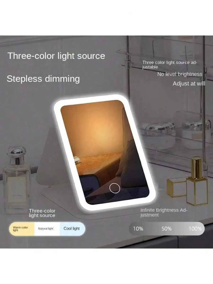 1Pc Travel Makeup Mirror,Portable LED Lighted Makeup Mirror, Touch Screen Vanity Mirror, 3-Color Dimmable Lighting, Rechargeable