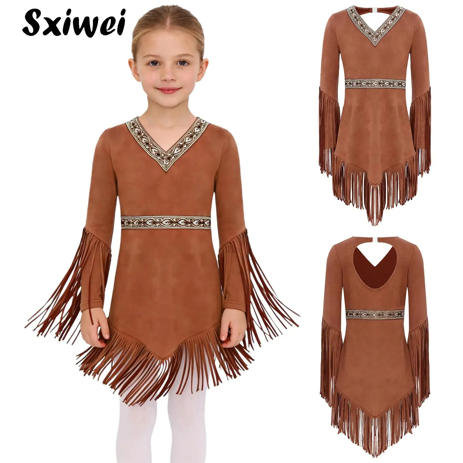 

Halloween Indian Indigenous Costume Girls Savage Native American Cosplay Dress Long Fringed Sleeve Tassel Indians Princess Dress