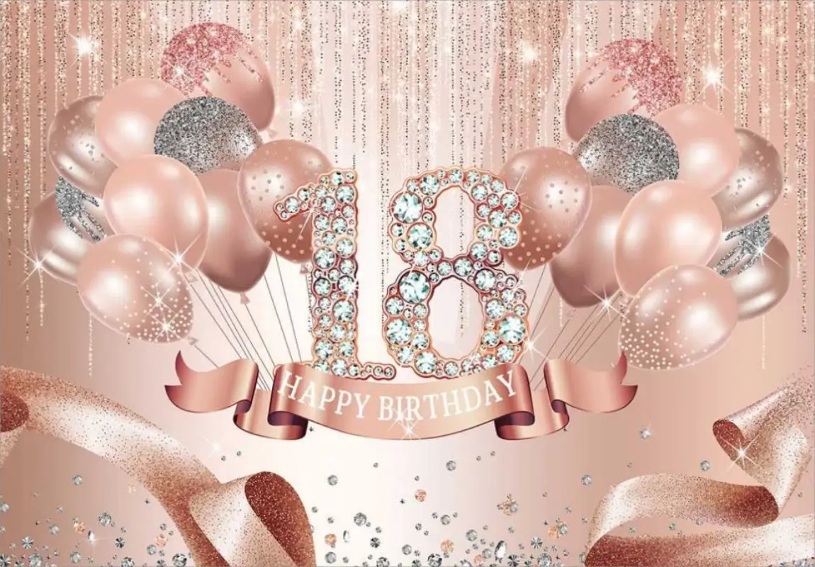 Rose Gold Happy 18th Birthday Backdrop Decoration Pink Balloon Diamond 18 Years Old Party Photography Background Sweet18 Banner