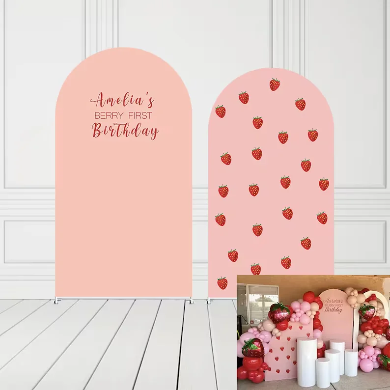 

Mehofond Custom Strawberry First Birthday Arch Cover Backdrop Pink Girl Berry One Chaira Round Top Arched Background Photocall