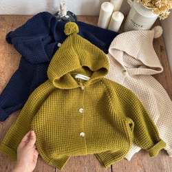 Children's Sweater 2023 Autumn New Boys And Girls Solid Color Hooded Cardigan Baby Long Sleeve Knitted Coats