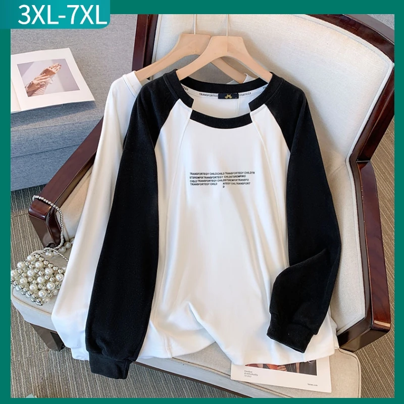 

New 2024 Ladies Autumn Winter Plus Size Tops For Women Large Long Sleeve White Black Sweatshirt 3XL 4XL 5XL 6XL 7XL