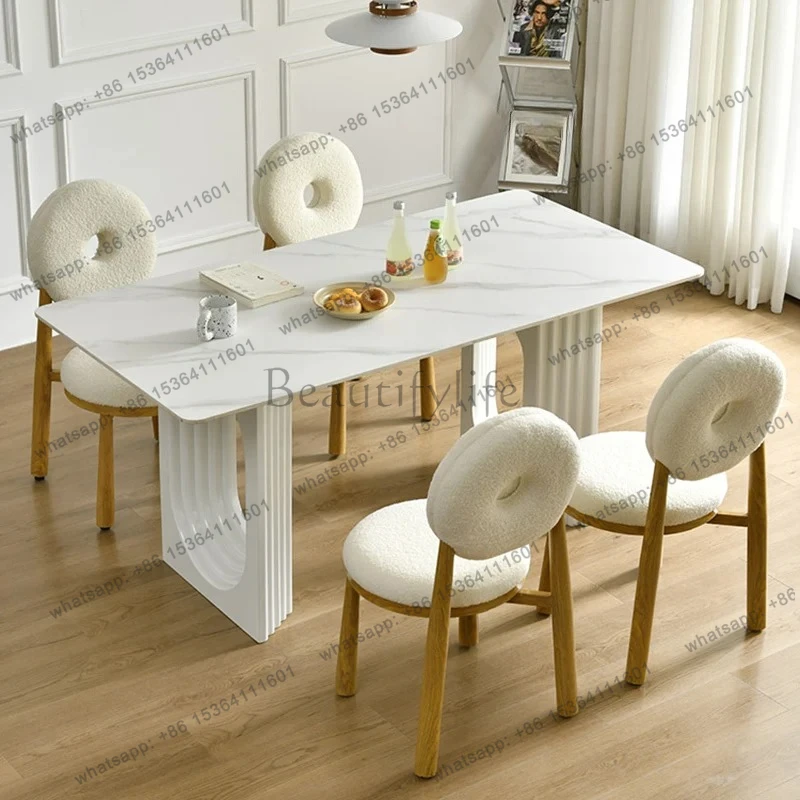 French cream style rock slab island dining table and chair combination, oval shaped household small unit
